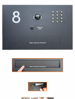 Video Parlofonie High-End Bticino SFERA LUNA+1 code keyboard with horizontal letterbox flap 