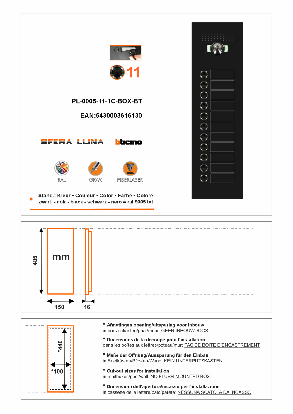 SFERA LUNA+11 boutons de sonnette pour vidéo-parlophonie Bticino