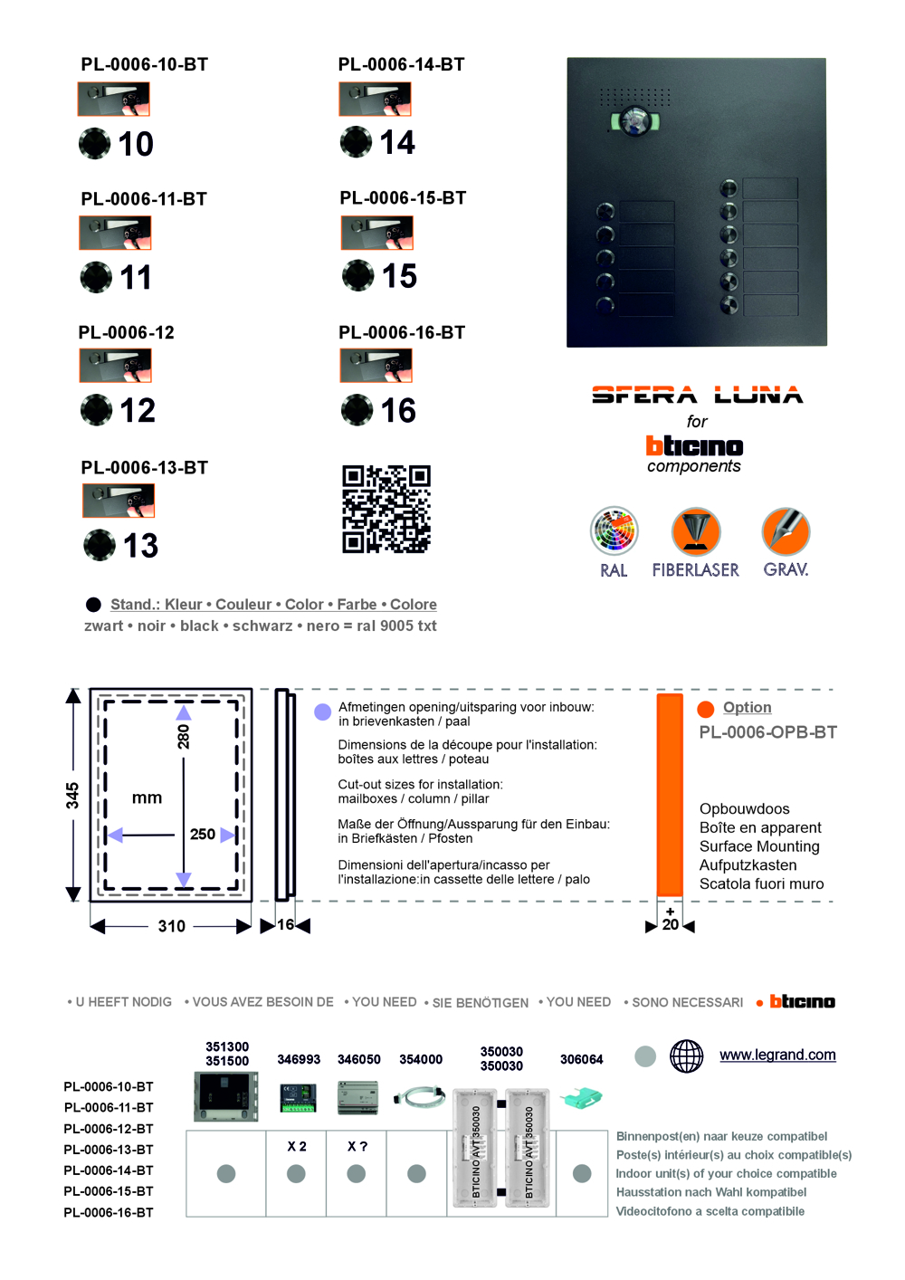 SFERA LUNA 15 Belknoppen DEURSTATION VIDEOPARLOFONIE Bticino (350030+350030)