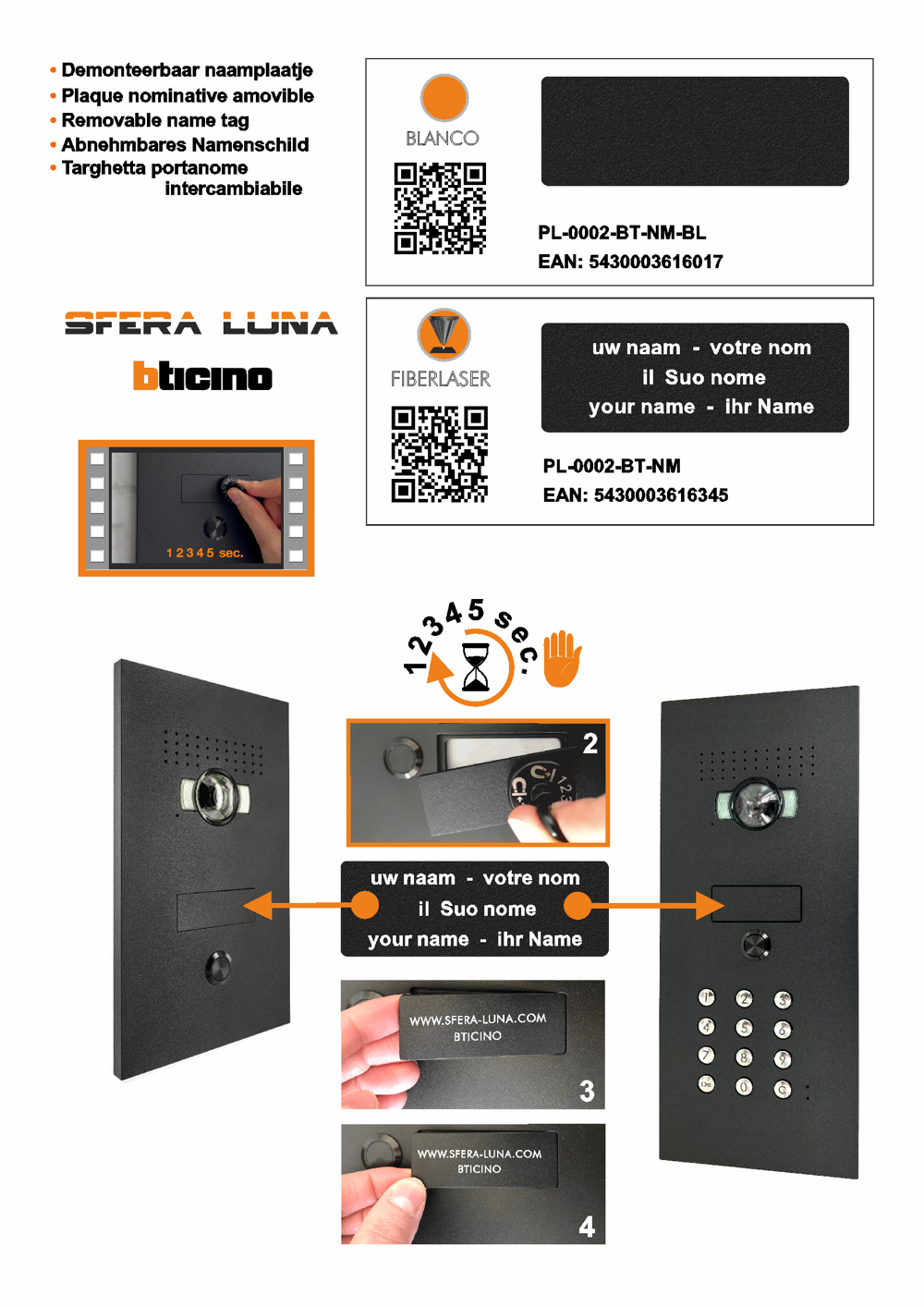 NAAMPLAATJE/NAAMSCHILD, laser gegraveerd SFERA LUNA Bticino 