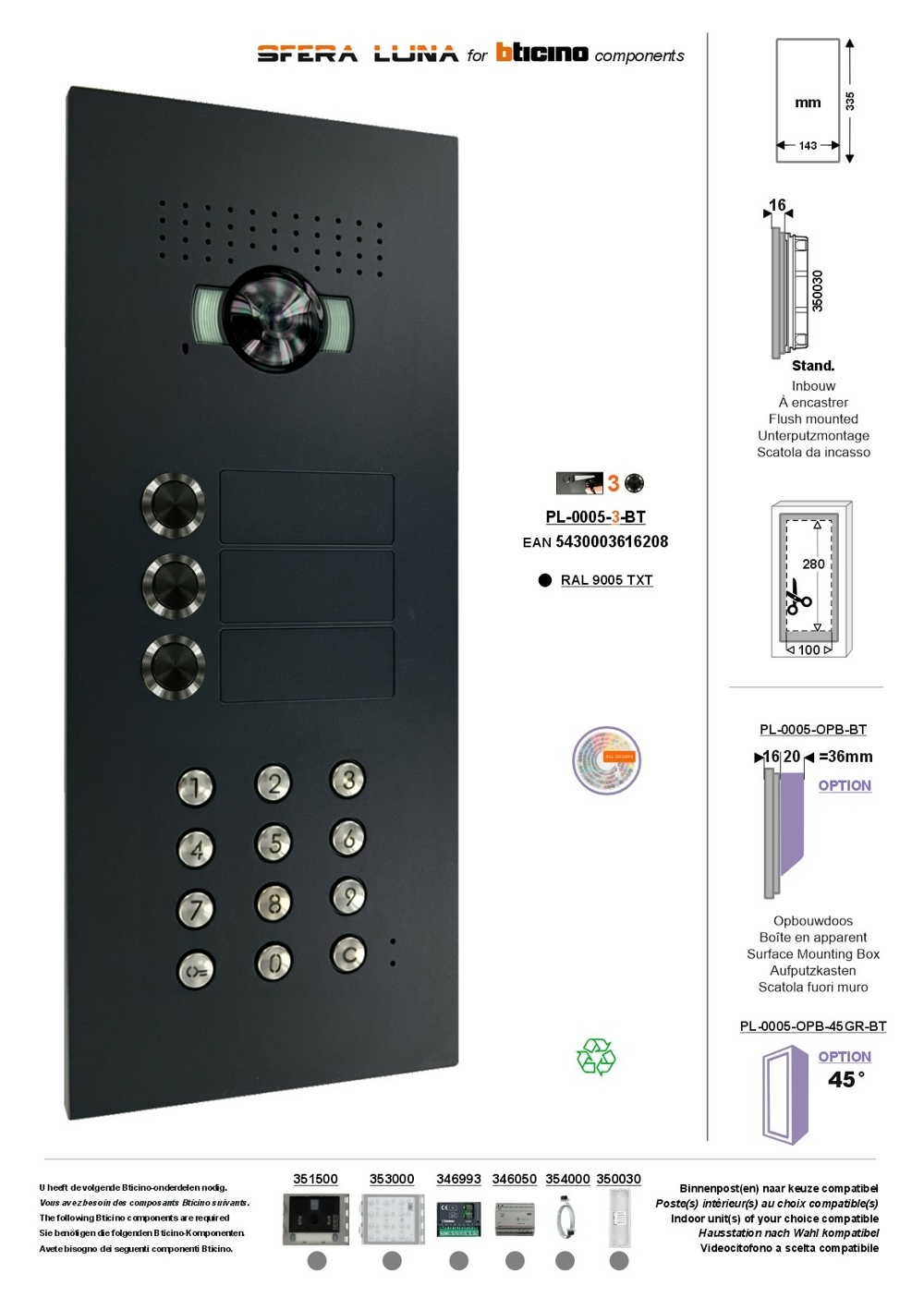 Video Parlofonie SFERA LUNA+3 Push-buttons Keypad High-End Bticino