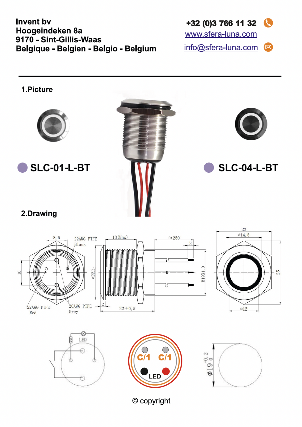 Black stainless steel Push Button with inner circle LED illuminated + Connection cable with connector